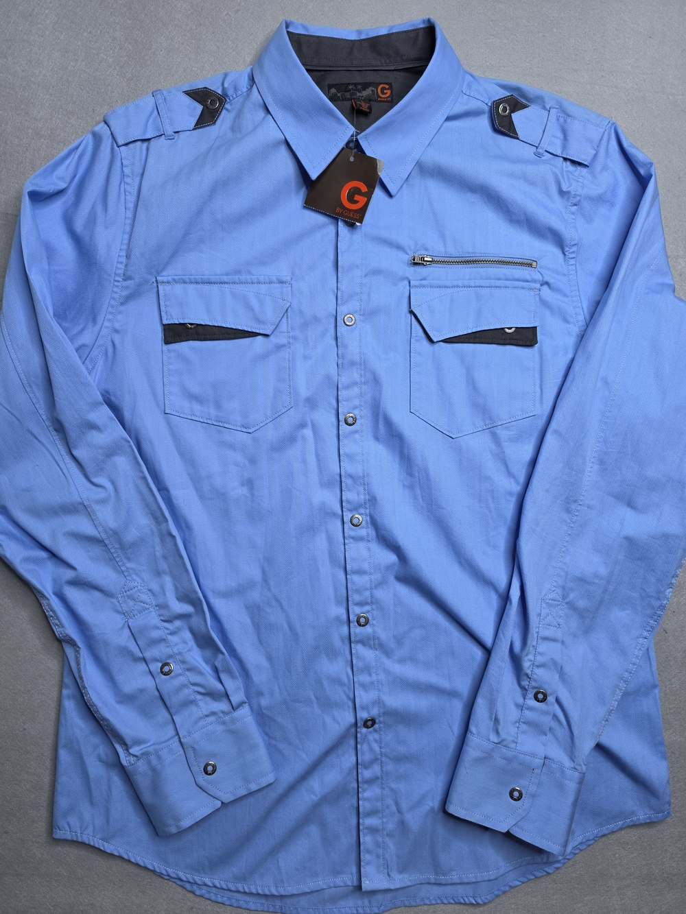 G By Guess Men's Long Sleeve Blue Utility Shirt Button Up‎ Size Large